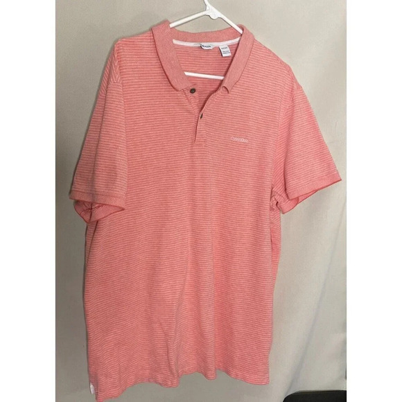 Calvin Klein‎ Mens Coral White Striped Polo Shirt Size XL Short Sleeve Logo - Picture 1 of 5
